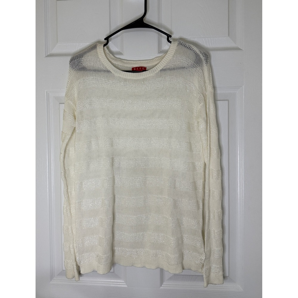 Elle Striped Open Knit Sweater Women Size S Ivory Metallic Shimmer Lightweight